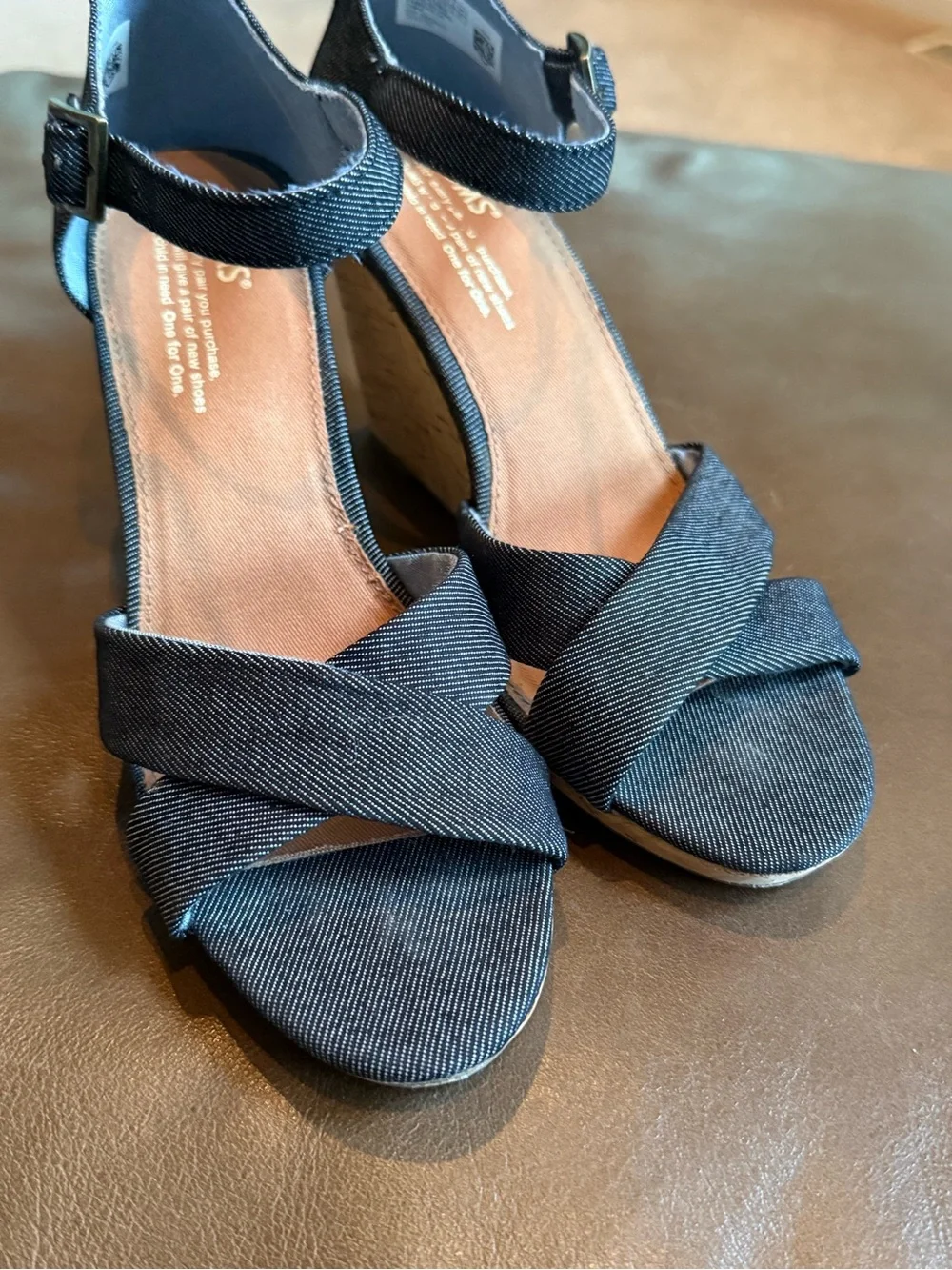 Toms Black Cork Wedge Sandals with Ankle Strap